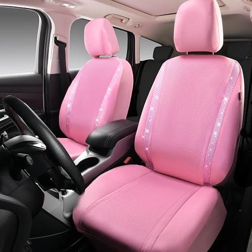 CAR PASS Bling Diamond Car Seat Covers, Shining Rhinestone Waterproof Faux Leather Pink Car Accessories Two Front Only Universal Fit Auto Glitter Crystal Sparkle Strips for Cute Women Girl, Pink thumbnail 4