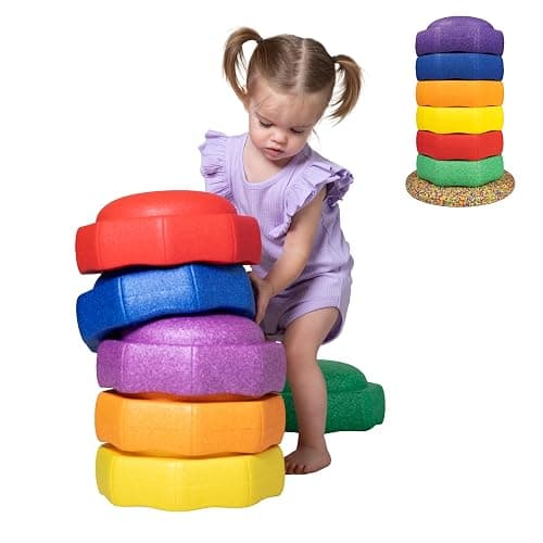 Nuby Stepping Stones StepPebbles with Balance Board - Montessori-Inspired Sensory Play - Stack, Step, & Balance Indoor & Outdoor Play - Waterproof & Holds Up to 400 lbs - Primary Colors - Image 1