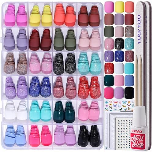 Teenitor Short Press On Nails with Glitter, 12 Sizes Square, Matte & Glossy Finish - D matte and glossy and glitter short nails