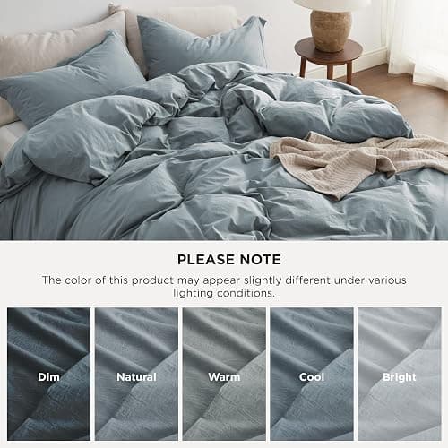Bedsure 100% Washed Cotton Duvet Cover King Size - Dusty Blue Minimalist Cotton Duvet Cover Linen Like for All Seasons - GentleSoft™ Plain Simple Bedding (Dusty Blue, King, 104"x90") thumbnail 5