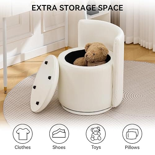 WUTUTUEE Leather Vanity Chair with Storage, 360° Swivel Makeup Chair with Pleated Back, No Assembly Small PU Accent Stool for Bedroom, Dressing Room, Living Room, White thumbnail 5