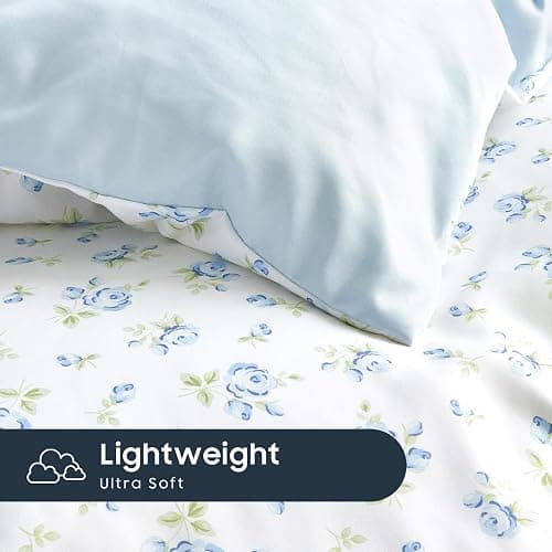 Wake In Cloud - Floral Comforter Set, Coquette Cottagecore Aesthetic Flower Shabby Chic Pattern for Women Teen Girls, Soft Lightweight Bedding, 3 Pieces, White Blue, Queen Size thumbnail 7