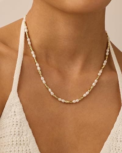 PAVOI 14K-18K Gold Plated Dainty Pearl Necklaces for Women - Station Beaded Choker Paperclip Chain Gold Pearl Necklace Bridal Jewelry thumbnail 2