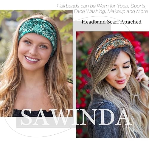 SAWINDA 6 Pack Boho Flower Print Headbands for Women Wide Twist Knotted Head Bands Elastic Non-Slip Hair Bands Vintage Head Wraps Turbans Yoga Workout Hair Accessories thumbnail 7