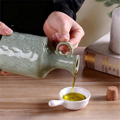 MuyuRise Ceramic Olive Oil Dispenser with Cork Stopper, Reactive Glaze Texture Oil Bottle, Leak - Proof Small Spout for Kitchen, Great for Storing Vinegar, Wine, Soy Sauce, Lemon Juice (GREEN) thumbnail 2