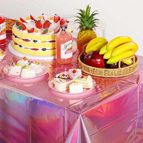 4 Pack Iridescent Pink Plastic Tablecloths, FunnyPars Shiny Disposable Laser Rectangle Table Covers, Holographic Foil Tablecloth Iridescent Party Decorations for Kpop Birthday Wedding Xmas, 54x108Inch thumbnail 6