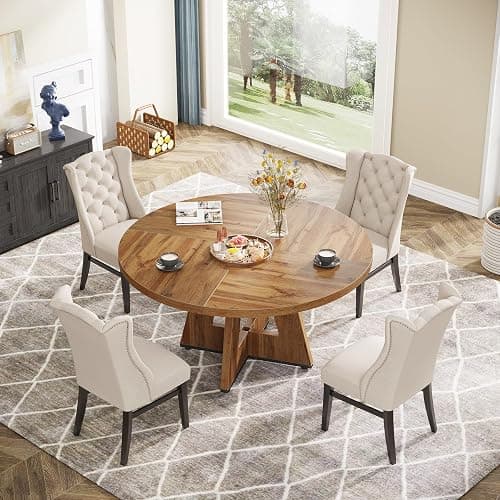 Tribesigns Farmhouse Dining Table, 47 Inch Round Dinner Table for 4, Rustic Round Dining Room Table for Home Dining Room Living Room (Wood) thumbnail 6