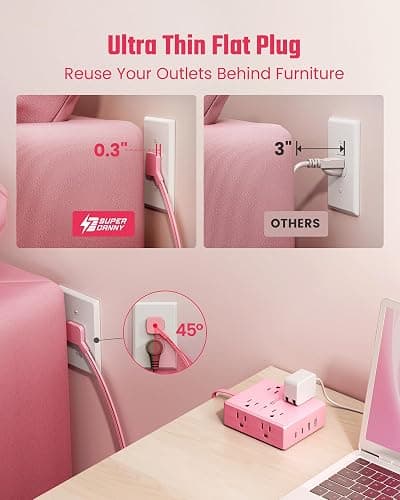 SUPERDANNY Pink Extension Cord 10Ft, Flat Plug Power Strip Surge Protector | 8 Outlets & 4 USB Ports (2 USB C), Cute Pink Stuff Room Decor, Home Office Kawaii Pink Cute Desk Accessories for Girls thumbnail 4