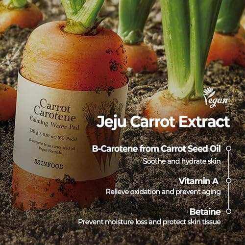 SKINFOOD Carrot Carotene Calming Water Toner Pads, Korean Skin Care Toner Pad for Face, Deep Hydrating, Soothing, After Sun Skincare for Sensitive Skin, Redness Relief, 100% Cotton, 8.81 oz (60 Pads) thumbnail 2