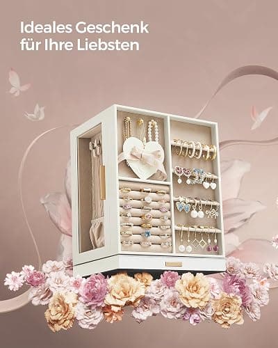 SONGMICS Schmuckkästchen 360° drehbar, Schmuckkasten 5 Schubladen, seitliche Glasfenster, geräumig, vertikale Schmuckaufbewahrung, offenes Design, Geschenkidee, weihnachten, wolkenweiß JBC170W01 thumbnail 6