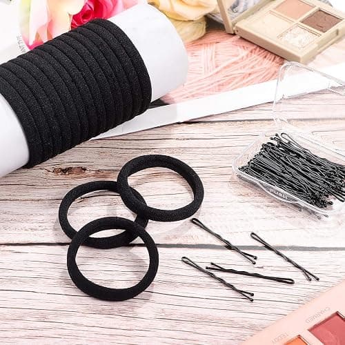 60 Black Seamless Hair Ties and 60 Black Bobby Pins with Box for Thick, Heavy, and Curly Hair - No Metal Ponytail Holders for Girls and Women thumbnail 5