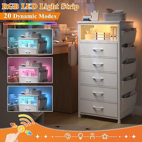 EnHomee Tall Night Stand Set 2 with 5 Drawers, LED Nightstand with Ports & Outlets, White Dresser with Extra Side Bag & Storage Shelf & Hooks, Bedroom, Dorm, Closet thumbnail 4