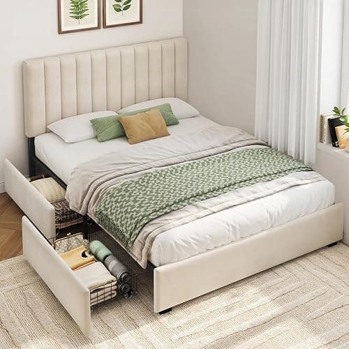 Welzona Queen Bed Frame with Storage and Headboard, Velvet Upholstered Metal Platform Corner Bed with Vertical Tufted Headboard, 2 Storage Drawers, 3-Height Level, Noise Free, Easy Assembly, White - Image 1