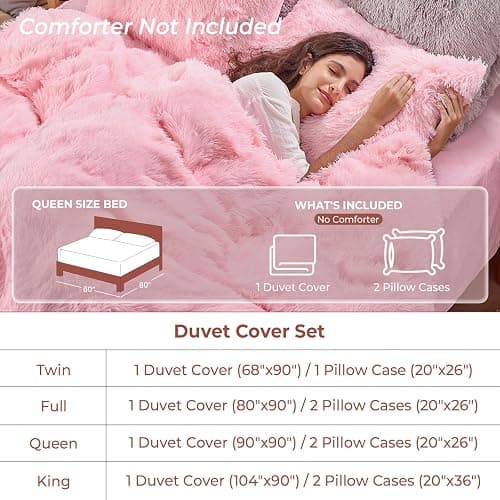 Sasttie 3-Piece Fluffy Duvet Cover Queen, Ultra Soft Faux Fur and Velvet Pink Comforter Cover, Luxury Fuzzy Bedding Sets for Winter Bed, Includes 1 Duvet Cover and 2 Pillowcases, No Comforter thumbnail 7