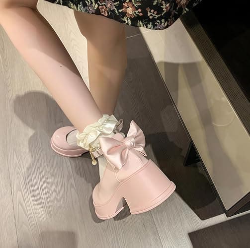 Frauen Lolita Schuhe Absatz Mary Jane Spitze Pumps mit Schleife Kawaii Nette Cosplay Keil Stiefel Cross Strap Block Heel Süße Art thumbnail 5