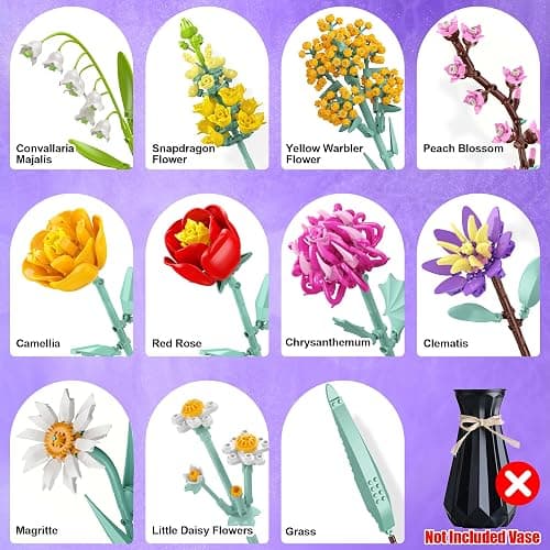 Set di Costruzione di Fiori, 1070 PCS Collezione Botanica, 10 Bouquet di Flowers Eterni, Regali Kit per Adulti San Valentino, Bambini Compleanni & Festa della Mamma thumbnail 4