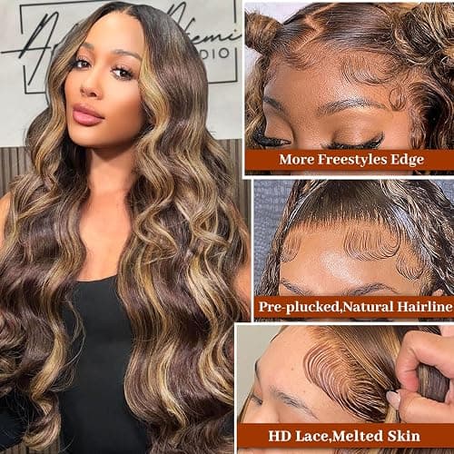 Hepnok 30 Inch Highlight Ombre Lace Front Wig Human Hair Honey Blonde Body Wave 13x6 HD Lace Front Wigs Human Hair Pre Plucked 200 Density Brown 4/27 Colored Lace Frontal Glueless Wigs for Women thumbnail 2