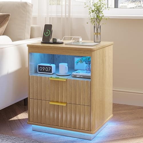 Dystler Nightstand with LED Light and Charging Station for Bedroom, Wood | 2 Drawers, Open storage space, Smart Bedside Table, Human Sensor, Modern thumbnail 7