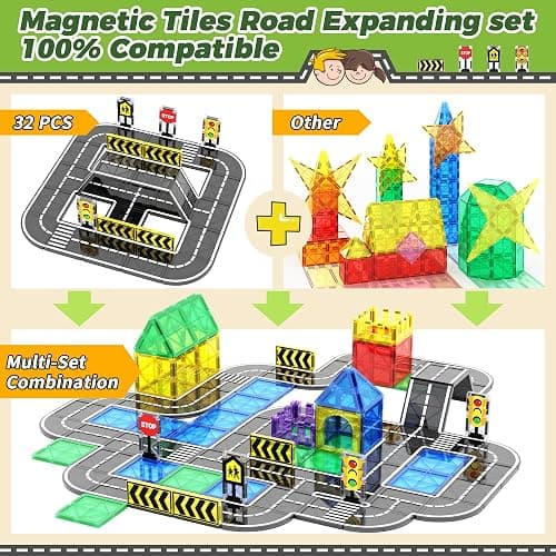 Goodtiles Magnetic Tiles Road Expansion Set, STEM Magnetic Building Blocks for Kids Ages 3-5 4-8 5-7, Preschool Learning Sensory Kids Toys for Toddler Birthday thumbnail 2