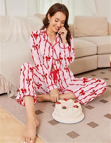 Ekouaer Womens Pajama Sets Long Sleeve Sleepwear Button Down Pjs Loungewear | Classic Notch Collar Lounge Sets, Comfy 2 Pieces Ruffle Pants for Home, Party, Wedding, Maternity, Gift thumbnail 2