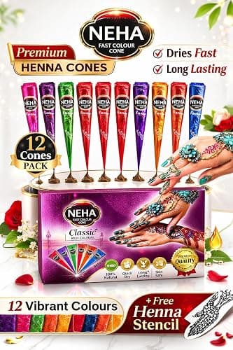 NEHA Premium Henna Cones, Classic Rich Colours, Fast Colour, Long Lasting, 12 Vibrant Colours Pack with Free Henna Stencil thumbnail 3