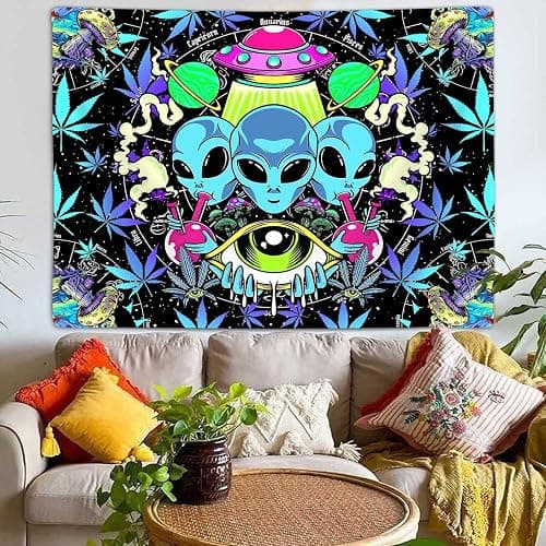 Cool Trippy Weed Tapestry, Funny Alien UFO Tie Dye Marijuana Leaf Tapestry Wall Hanging for Men Bedroom, Psychedelic Mushroom Cannabis Tapestries Poster Blanket College Dorm Home Decor (60X40) thumbnail 4