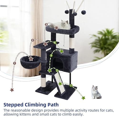 Gitelsnour Cat Tree for Indoor Cats, Cat Tower with Scratching Post for Small Cats and Kittens, Cat House with Removable Top Platform and Fluffy Balls, Hanging Cat Basket, Smoky Gray GCT006SG thumbnail 6