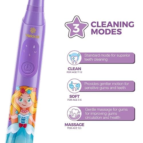 Vekkia Sonic Rechargeable Kids Electric Toothbrush(Purple) | 3 Modes with Memory/Fun & Easy Cleaning/24000 Strokes, IPX7 Waterproof, 2-Min Timer for Age 5+/4 Soft Bristles thumbnail 3