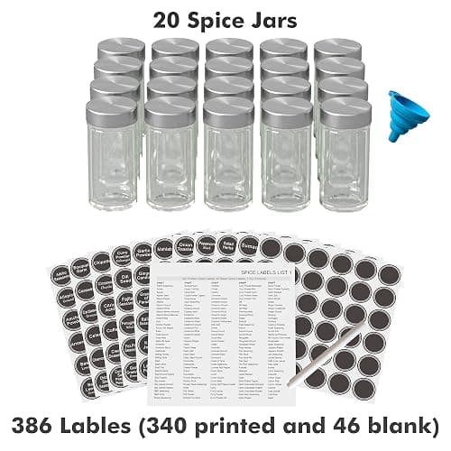 New England Stories Revolving Spice Rack Set with 20 Spice Jars, Kitchen Spice Tower Organizer for Countertop or Cabinet - Carousel Storage Includes 386 Spice Labels (Silver) thumbnail 5