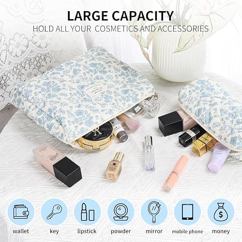 senbowe Floral Makeup Bag, 3 Pack Large Cotton Quilted Makeup Bag Set, Cute Floral Coquette Aesthetic Toiletry Bag Make Up Cosmetic Bag for Women, Toiletry Travel Make Up Organizer Bag thumbnail 6