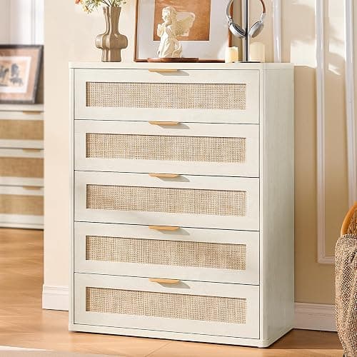 LEYAOYAO Rattan Dresser for Bedroom 41" Tall Chest of Drawers, Modern 5 Drawers Boho Dressers with Storage, Light Oak Dresser Wooden Closet Organizer for Living Room, Hallway, Grey White - Image 1