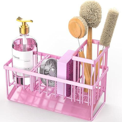 Cisily Pink Kitchen Sink Caddy Organzier with High Brush Holder, Sponge Holder for Sink, 304 Rustproof Stainless, Kitchen Countertop Soap Dispenser Organizer thumbnail 7