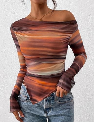 PRETTYGARDEN Womens Fall Trendy Off Shoulder Y2k Tops 2026 Tie Dye Mesh Long Sleeve Shirts Asymmetrical Ruched Floral Blouse thumbnail 8