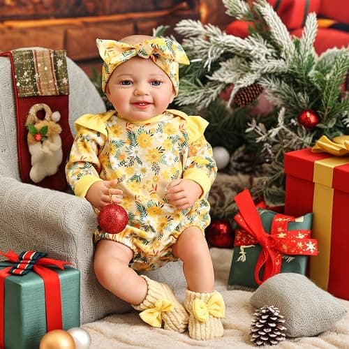 BABESIDE 3 Pcs Reborn Baby Doll Clothes for 17-22 Inch Baby Dolls | Floral Pattern Reborn Doll Clothes with Shoes and Headband for Lifelike Reborn Baby Dolls Accessories, Yellow thumbnail 2