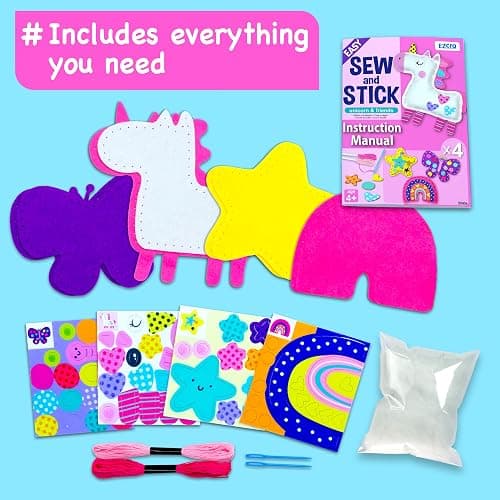 EZCRA Unicorn Sewing Kit for Kids Ages 4-8, 4 Easy Projects, No-Mess Learn-to-Sew Arts & Crafts with Felt Stickers for Beginners thumbnail 3