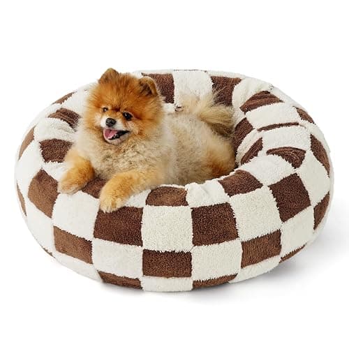 LE SURE Donut Small Dog Bed - Round Cat Beds for Indoor Cats Anti-Anxiety Calming Pet Beds, Washable Cute Modern Beds with Teddy Sherpa Plush & Anti Slip Bottom Brwon - Image 1