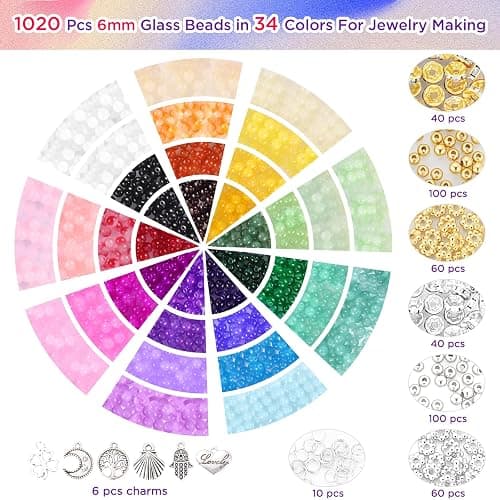 Funtopia 1368pcs 6mm Glass Beads for Bracelets Jewelry Making Supplies | 34 Colors Crystal Round Glass Beads for DIY Earrings Necklace Crafts with Spacer Beads and Charms, Solid and Gradient Colors thumbnail 4