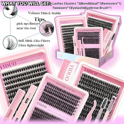 YIDUO Lash Clusters Kit with 2X Bond&Seal 3 Styles 760Pcs Clusters Lashes Extension Volume Soft Eyelash Extension Kit 80D+100D D Curl Wispy Natural DIY Individual Lash Clusters Kit Box for Beginners thumbnail 2