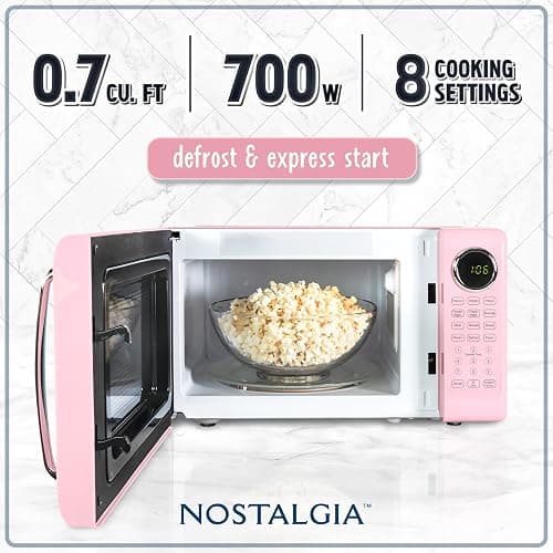 Nostalgia Retro Microwave Oven 0.7 Cu Ft, 700-Watt Countertop Size with Glass Turntable, Child Safety Lock, 8 Auto-Cook Programs, Digital Clock, Pink thumbnail 4