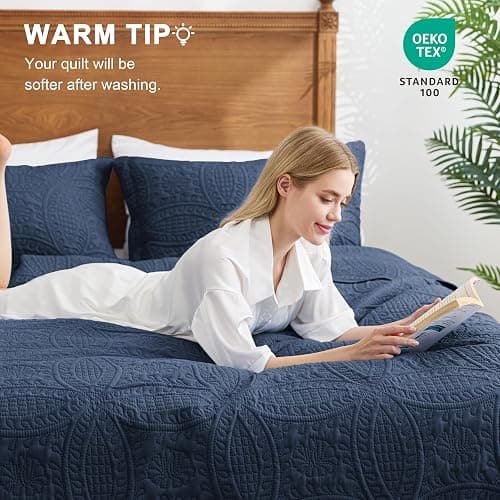 Love's cabin Oversized King Size Quilt Bedding Set Navy Bedspreads - Oversized King Lightweight Bedspread Comforter - Coin Pattern Coverlet for All Season - 3 Pieces (1 Quilt, 2 Pillow Shams) thumbnail 4