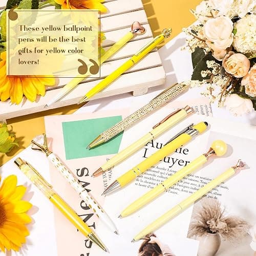 Janmini 9 Pcs Ballpoint Pens Set Metal Crystal Diamond Glitter Pens for Journaling Black Ink Pretty Cute Things Fancy Stationery Gifts for Women Girls Birthday Home Office Desk(Yellow) thumbnail 2