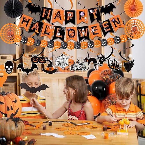 Happy Halloween Trick or Treat Banner Paper Fan Balloons & Swirl Streamers Goul Bat Cat Bird Ghost Pumpkin Lantern for Party Decorations thumbnail 6