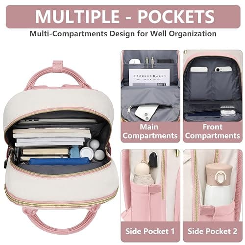 School Backpack for Women Teen Girls - 15.6 inch Laptop Backpack with USB Charger Waterproof College Bookbag Casual Daypack Computer Backpack for Work Travel Backpacks for Teacher Nurse Pink Beige thumbnail 3