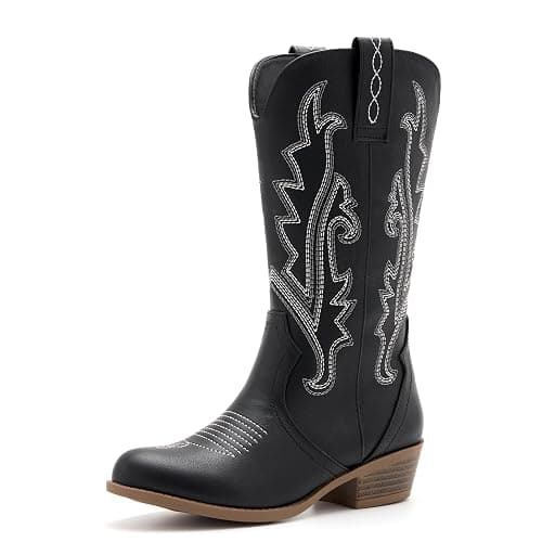 Girls Kids Western Boots Embroidered Cowgirl Cowboy Boots Girls Mid Calf Riding Shoes Little Kid/Big Kid - Image 1