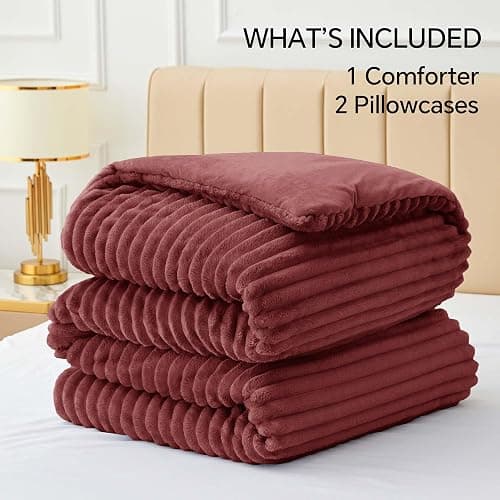 BEDELITE Fleece King Comforter Set -Super Soft & Warm Fluffy Burgundy Bedding, Luxury Fuzzy Heavy Bed Set for Winter with 2 Pillow Cases thumbnail 7