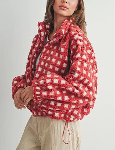 Lianlive Women Winter Sherpa Fleece Jacket Long Sleeve Zip Up Checkered Fuzzy Cropped Coats Warm Outwear with Pockets thumbnail 5