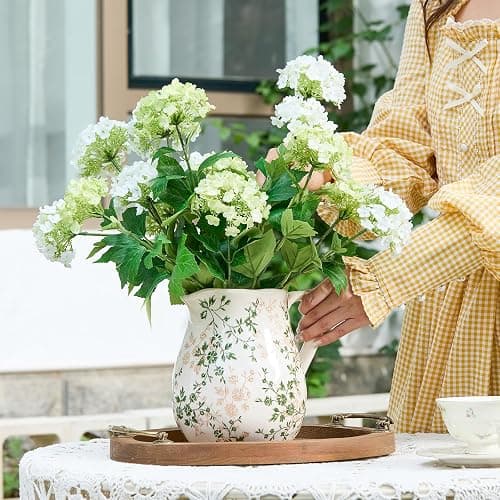 Ceramic Green and White Floral Vase with Handle, Rustic Farmhouse Pitcher Flower Vase, Chinoiserie Floral Vase for Home Decor, Living Room, Shelf, Office, Rustic Table Centerpiece 8 Inch thumbnail 2