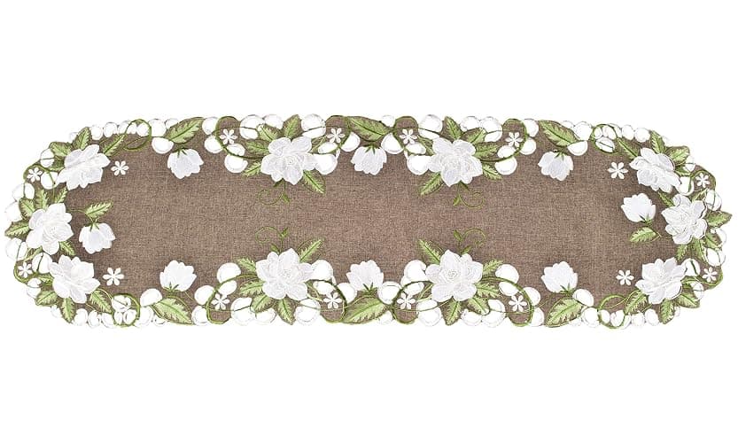 Beautiful White Magnolia Floral Design and Green Leaves Embroidered Cutwork Edges on Brown Polyester Linen, Table Runner, Dresser Scarf (14Wx51.5L) thumbnail 4