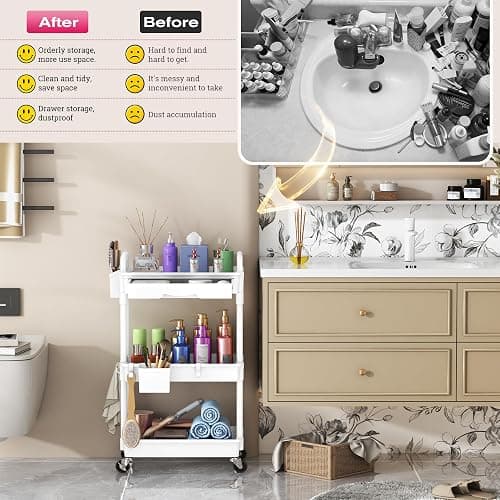 Goovilla Rolling Makeup Organizer Cart with Removable Drawer, 3 Tier White | Stable Floor Skincare Storage Cart for Vanity, Cosmetic Display, Nail Polish, Perfume, Hair Stuff, Beauty, Bathroom(Plastic) thumbnail 7