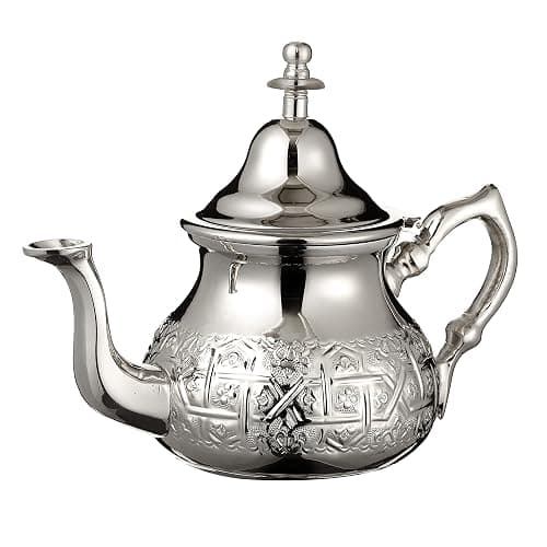 Moroccan Teapot Set Engraved Large: Silver Tea Pot with Integrated Filter and Teapot Holder, 6 Multicoloured Tea Glasses and Silver Tray, Handmade in Morocco, Serving Mint Tea Gift Set thumbnail 3